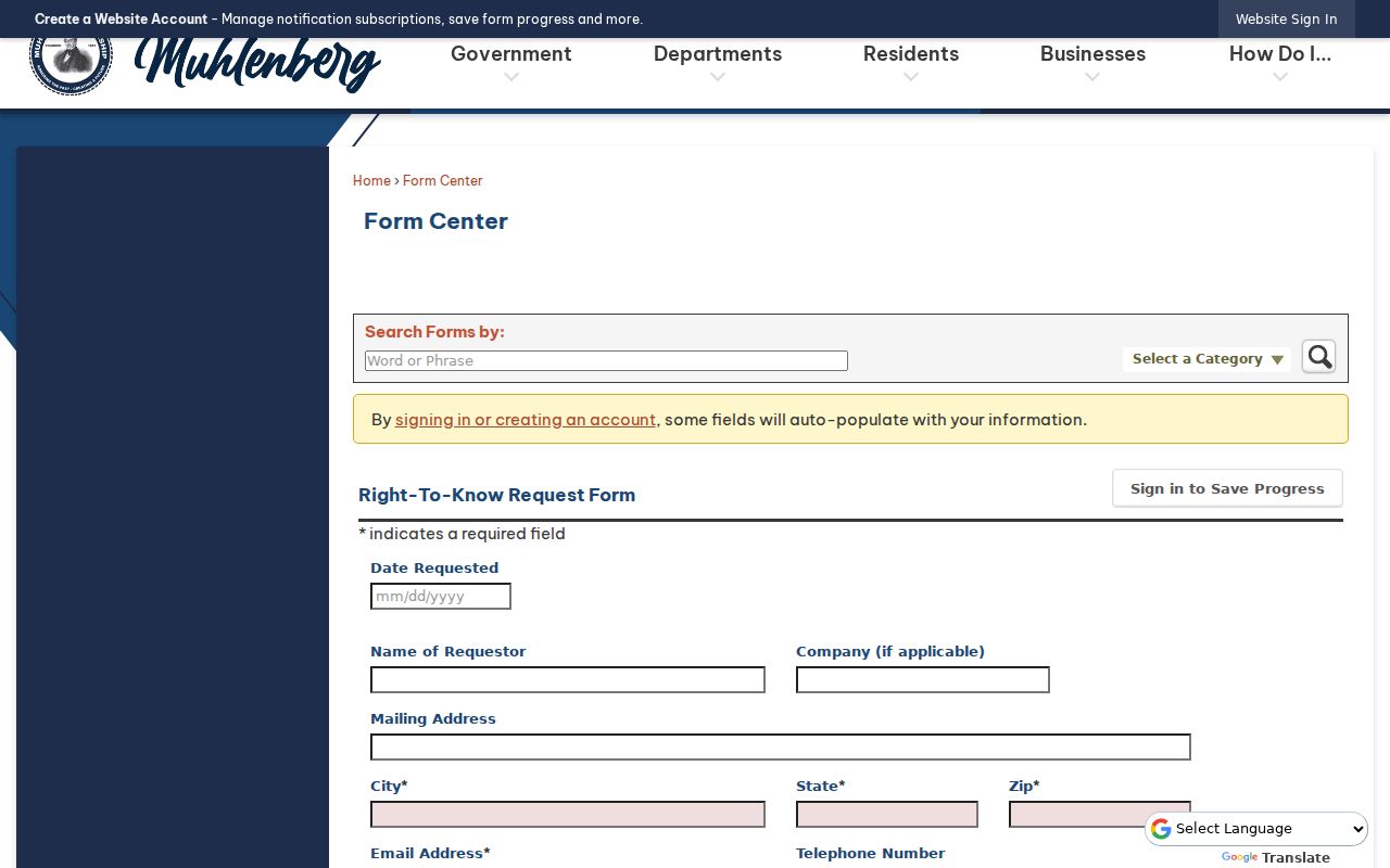 Muhlenberg Township residents directory Right-to-Know request form