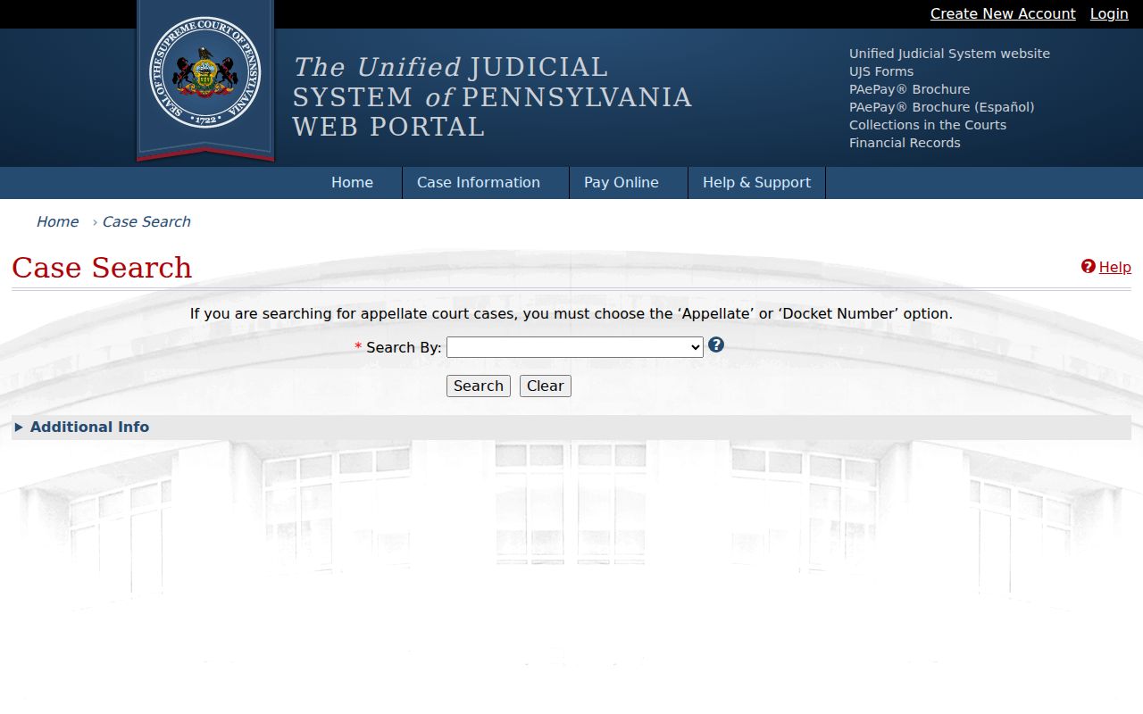 Muhlenberg Township residents directory Pennsylvania Judiciary case-search fields