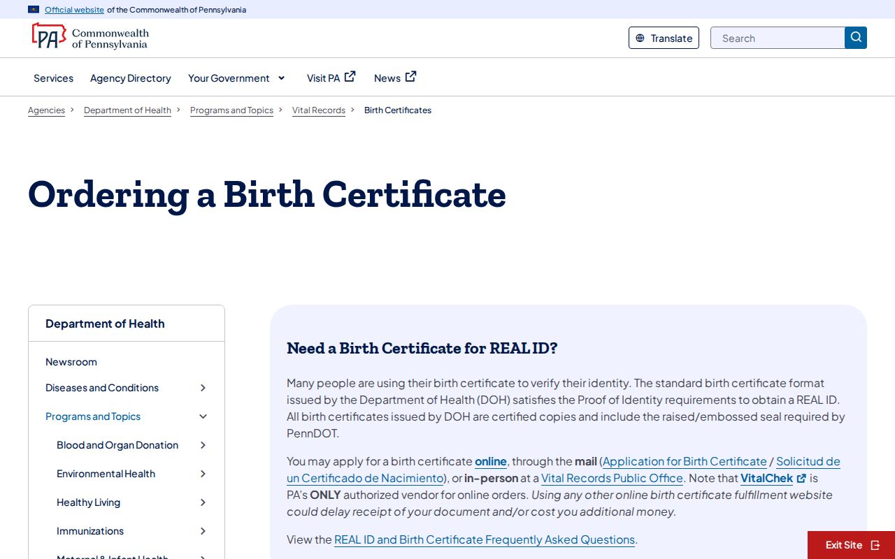 Muhlenberg Township resident lookup Pennsylvania birth certificate eligibility page