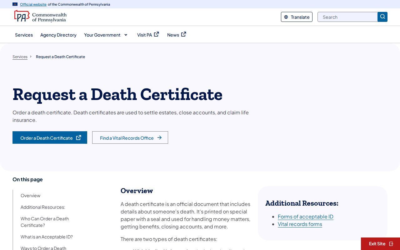 Muhlenberg Township resident lookup Pennsylvania death certificate request channels