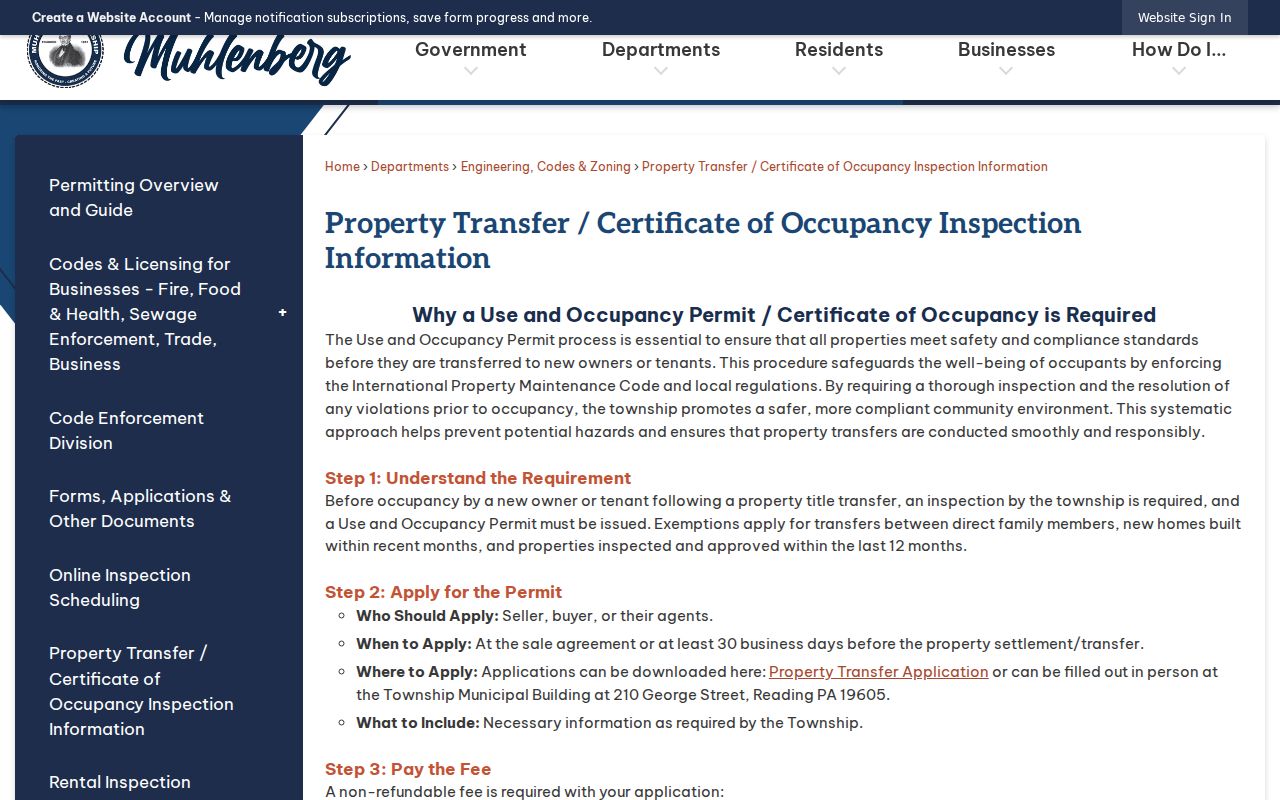 Muhlenberg Township street directory property transfer inspection procedure
